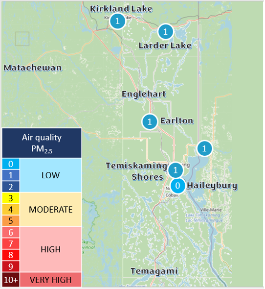 The air quality scale is as follows: low risk has a PM2.5 readings of 1 to 3, moderate risk from 4 to 6, high risk from 7 to 10, then all values over 10 are considered very high risk.  Timiskaming’s monitor readings as of June 21, 2024 are: Kirkland Lake 0, Larder Lake 0, Earlton 0, Temiskaming Shores 0, and Haileybury 0. All these readings are in the low risk air quality category.